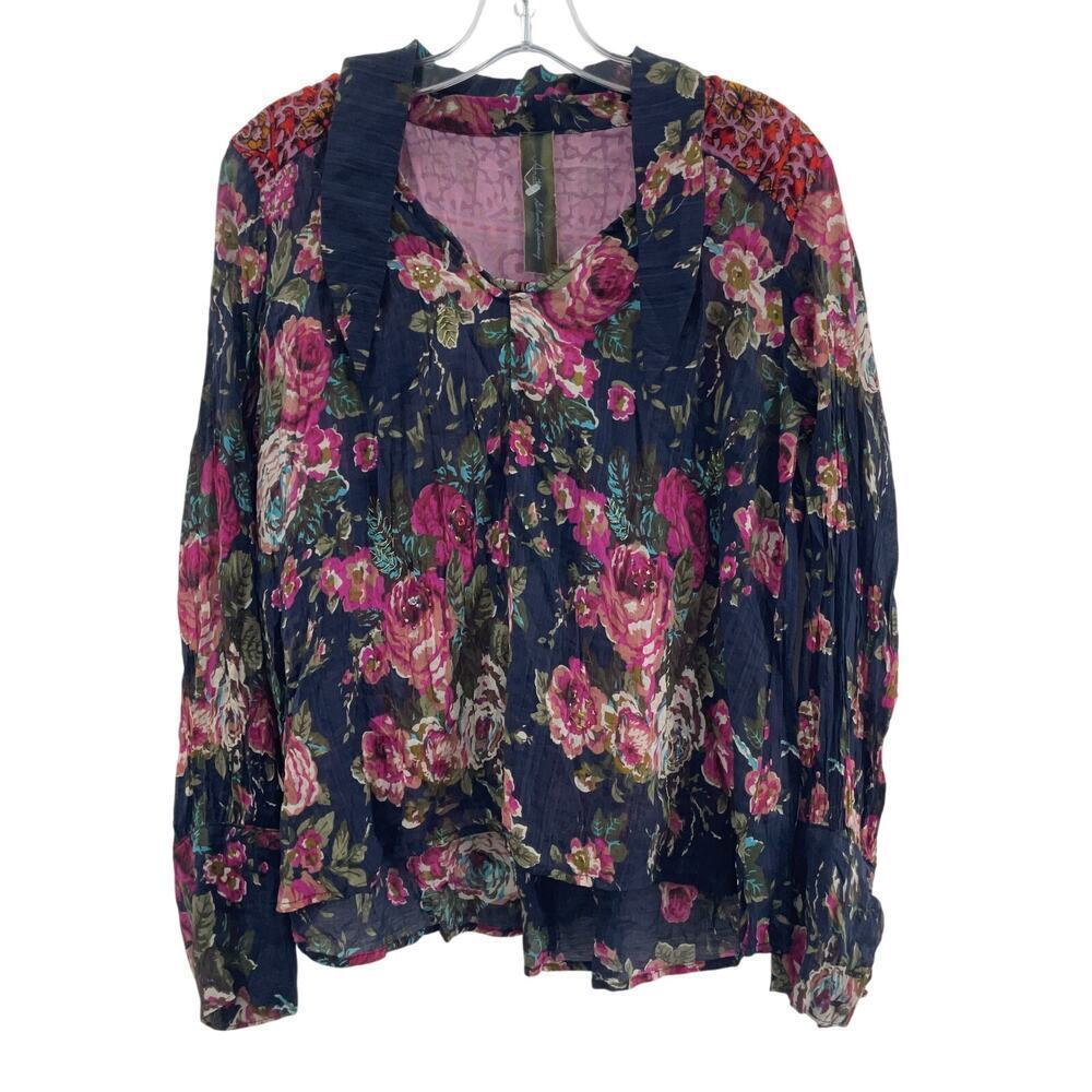 Aratta Silent Journey Women's Floral Long sleeve Blue/Pink Rayon Blouse small